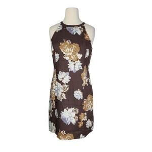 Boston Proper 100% Linen Floral Mini Dress 10‎ Brown High Neck Sleeveless Beach